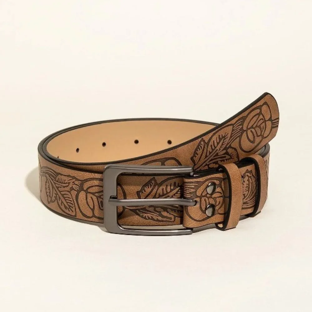 Brown Floral Embossed Faux Leather Belt Western Boho Vintage Women's Waist Belt